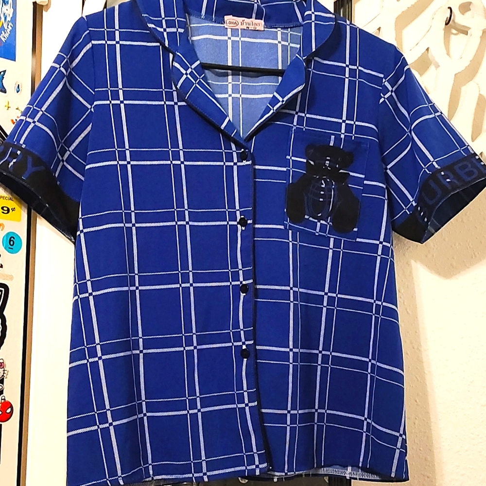 Burberry bear blue plaid polo button down shirt